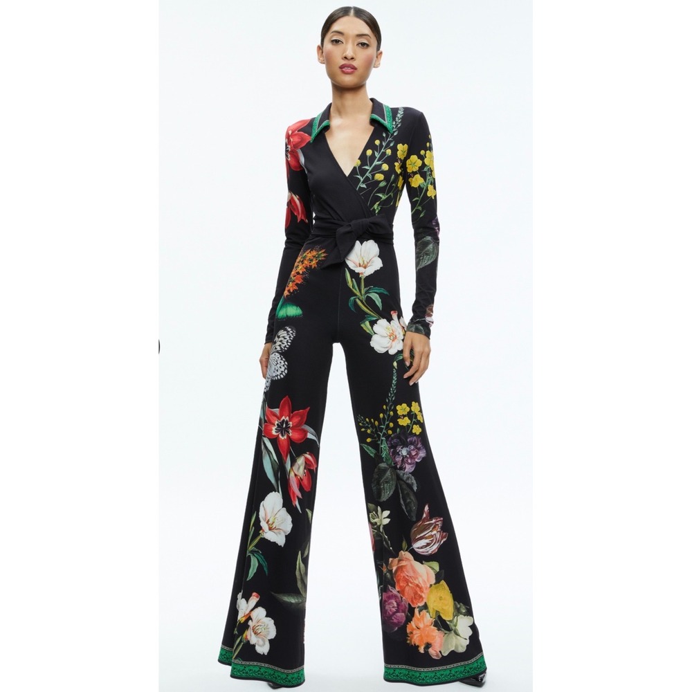 Alice + Olivia Melinda Floral Wide Leg Wrap Jumpsuit Black 0